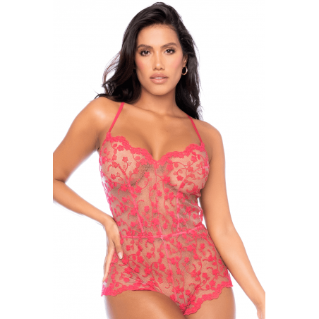 Combishort en dentelle transparente couleur cerise - MAL7543CHRY
