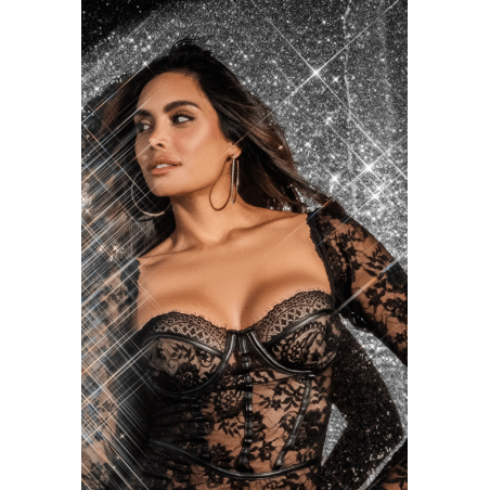 Robe en dentelle transparente à manches longues avec string - MAL40022BLK