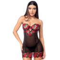 Babydoll sexy à armatures Mapalé broderie roses et string - MAL7619BKRD