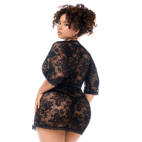 Peignoir en dentelle grande taille Mapalé avec string assorti - MAL7618XBLK