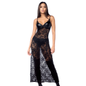 Robe longue sexy en dentelle  cuir avec string et porte-jarretelles - MAL7616BLK
