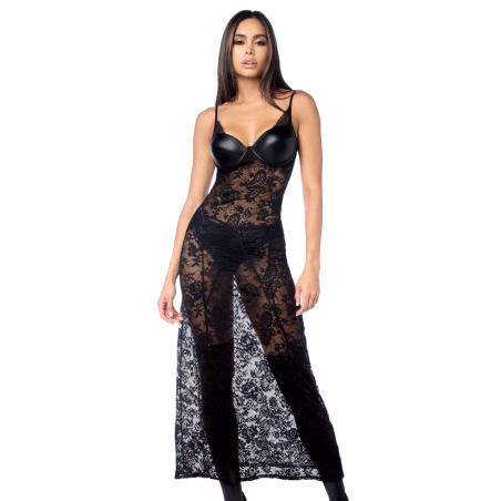 Robe longue sexy en dentelle  cuir avec string et porte-jarretelles - MAL7616BLK