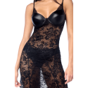 Robe longue sexy en dentelle  cuir avec string et porte-jarretelles - MAL7616BLK