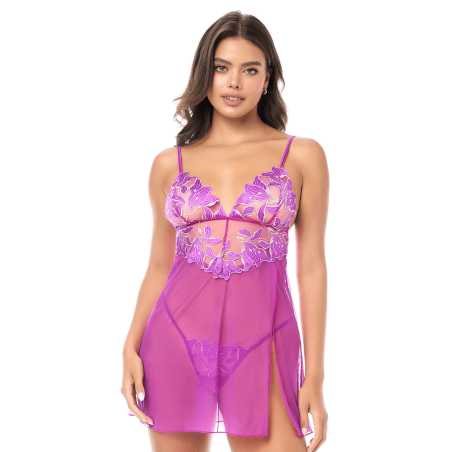 Babydoll sexy en résille brodée florale et string - MAL7614AZAL