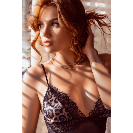 Babydoll noir en maille transparente avec dentelle imprimé animal – Mapalé