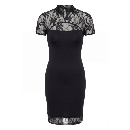 Robe courte noire dentelle florale Athéna