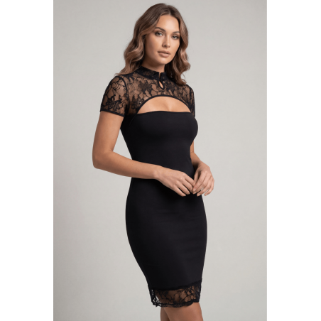 Robe courte noire dentelle florale Athéna
