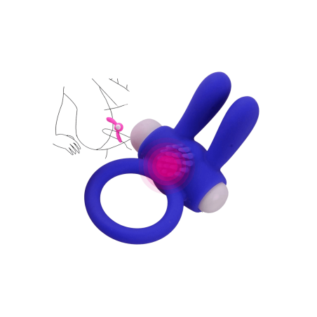 Anneau vibrant silicone bleu avec oreilles de lapin