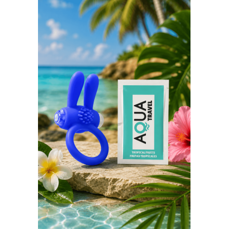 Anneau vibrant silicone bleu avec oreilles de lapin