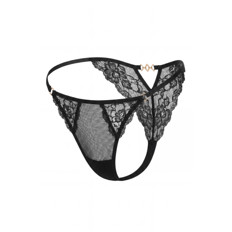 Tanga Noir Dentelle & Bijou Losanges Dorés — Taille Unique S au XXL