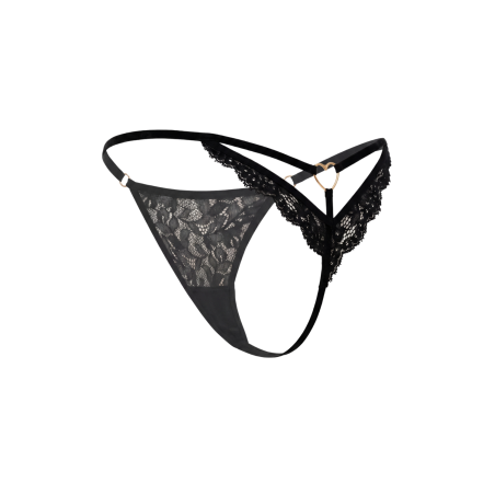 String Noir Dentelle Raffinée & Bijou Cœur Doré — Taille Unique S au XXL